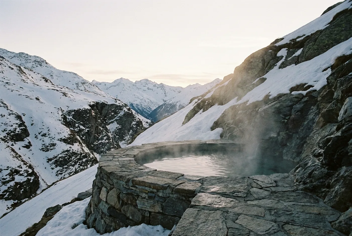 Bassin extérieur chauffé, fumant dans l’air froid, sur la terrasse enneigée au crépuscule, avec la façade de pierre et de bois à droite.