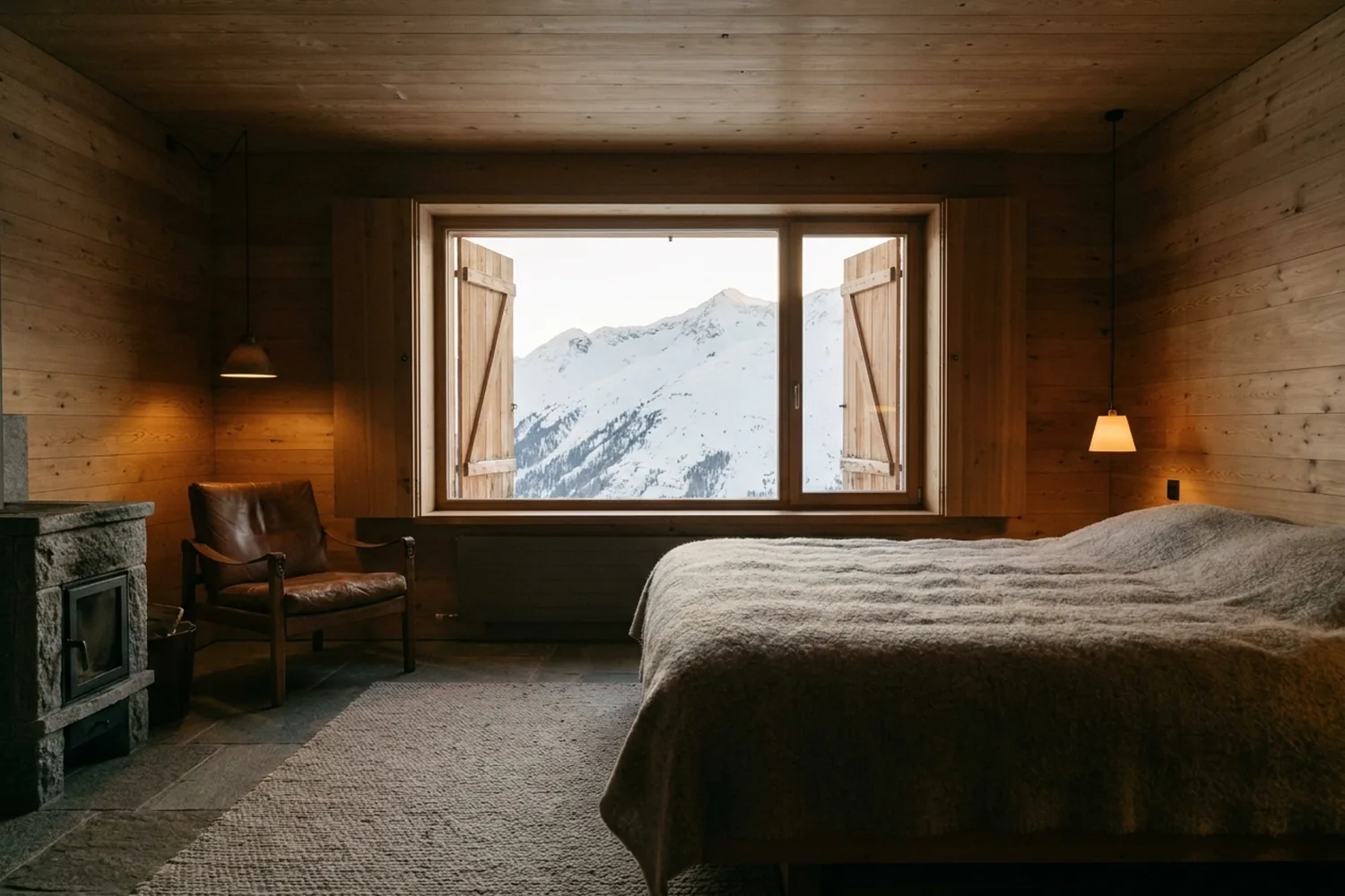 Chambre Alpage : le lit face à une grande fenêtre à volets de bois, la crête enneigée derrière, lumière du matin.