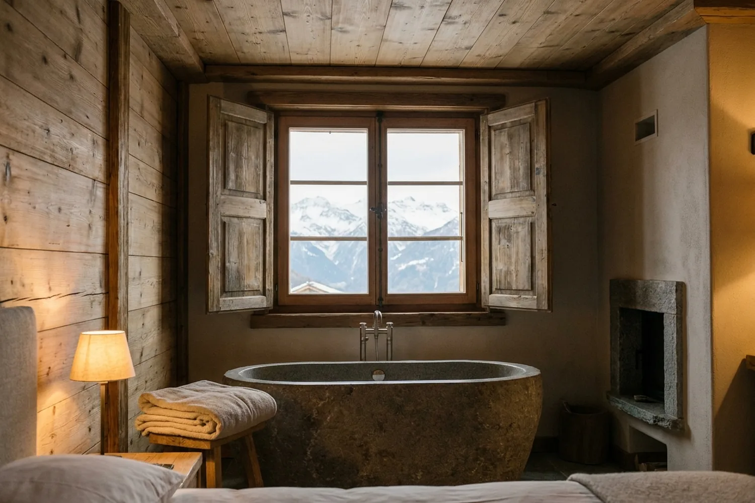 Suite Sommet : baignoire en pierre devant une grande fenêtre à volets de bois ouverte sur les sommets, bois sombre, lampe allumée.