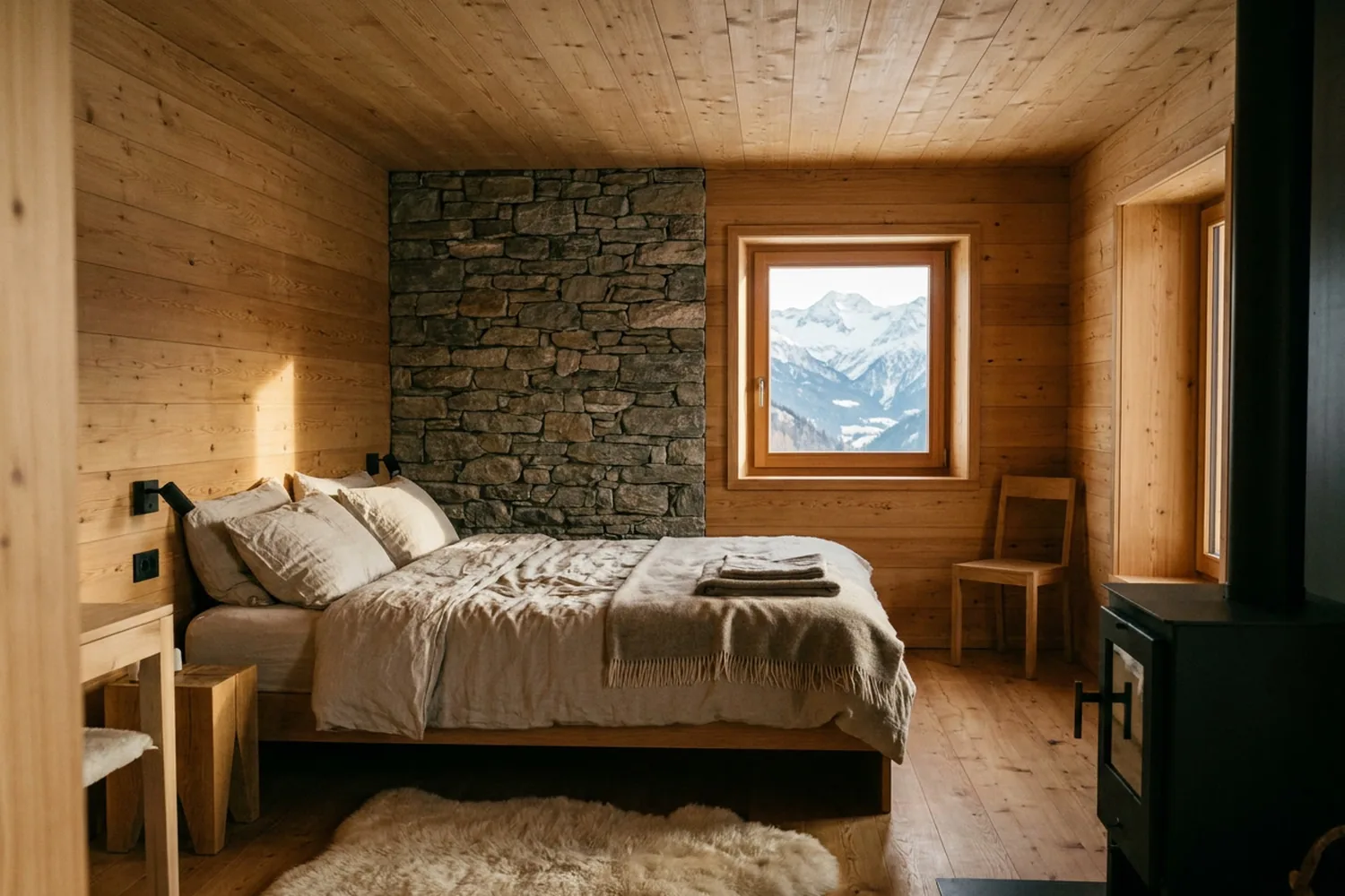 Chambre Vallon : lit sous le mur de pierre, petite fenêtre sur le vallon et un sommet enneigé.