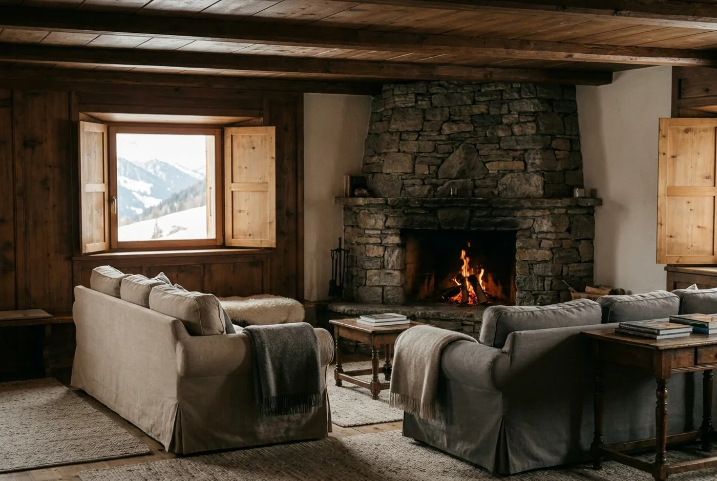 Salle commune : grande cheminée de pierre sèche, feu bas, fauteuils de lin clair, poutres de vieux bois et fenêtre sur la neige.