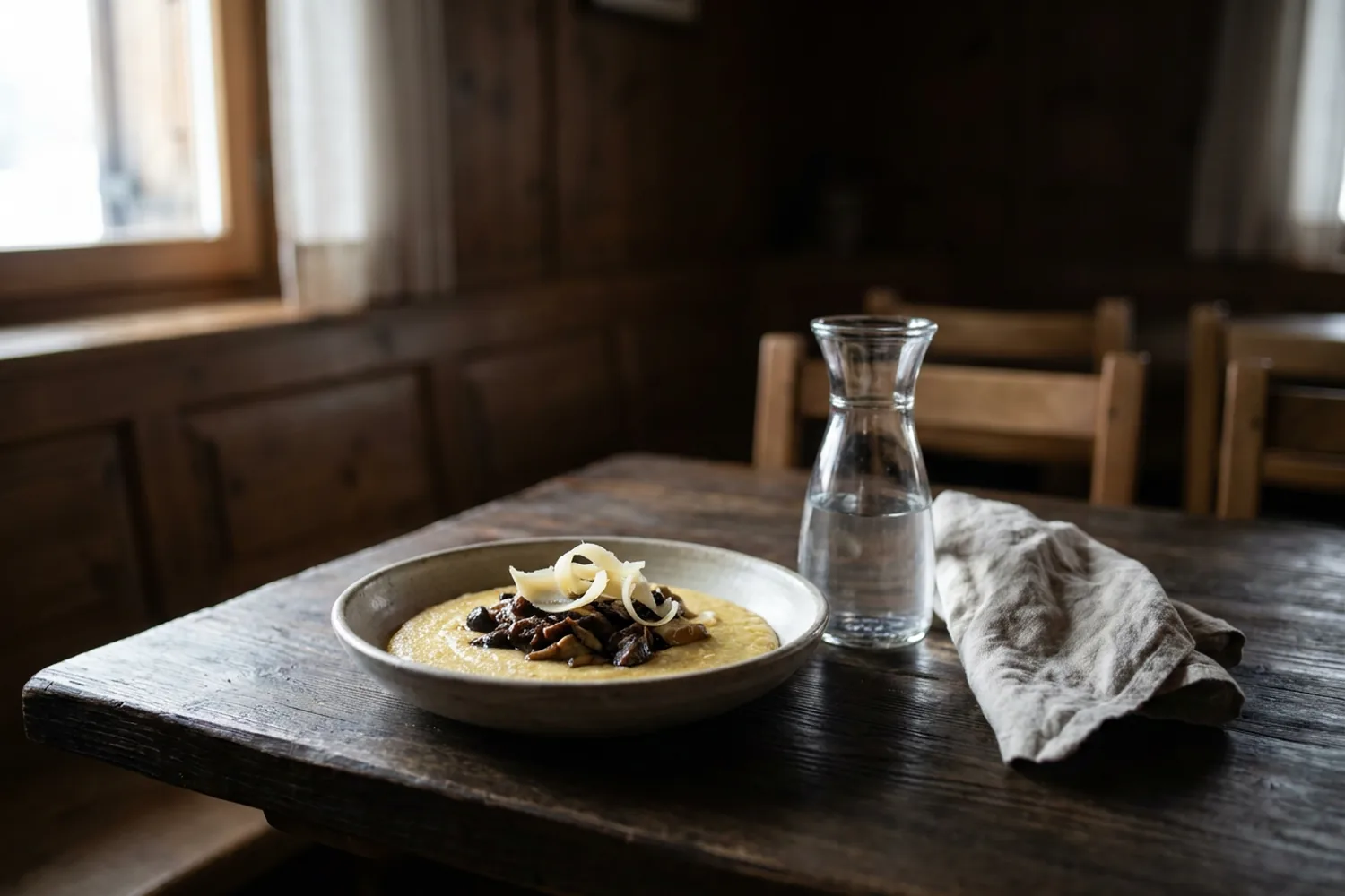 Bol de polenta crémeuse aux champignons et au fromage d’alpage, une carafe d’eau, sur une table de mélèze sombre.
